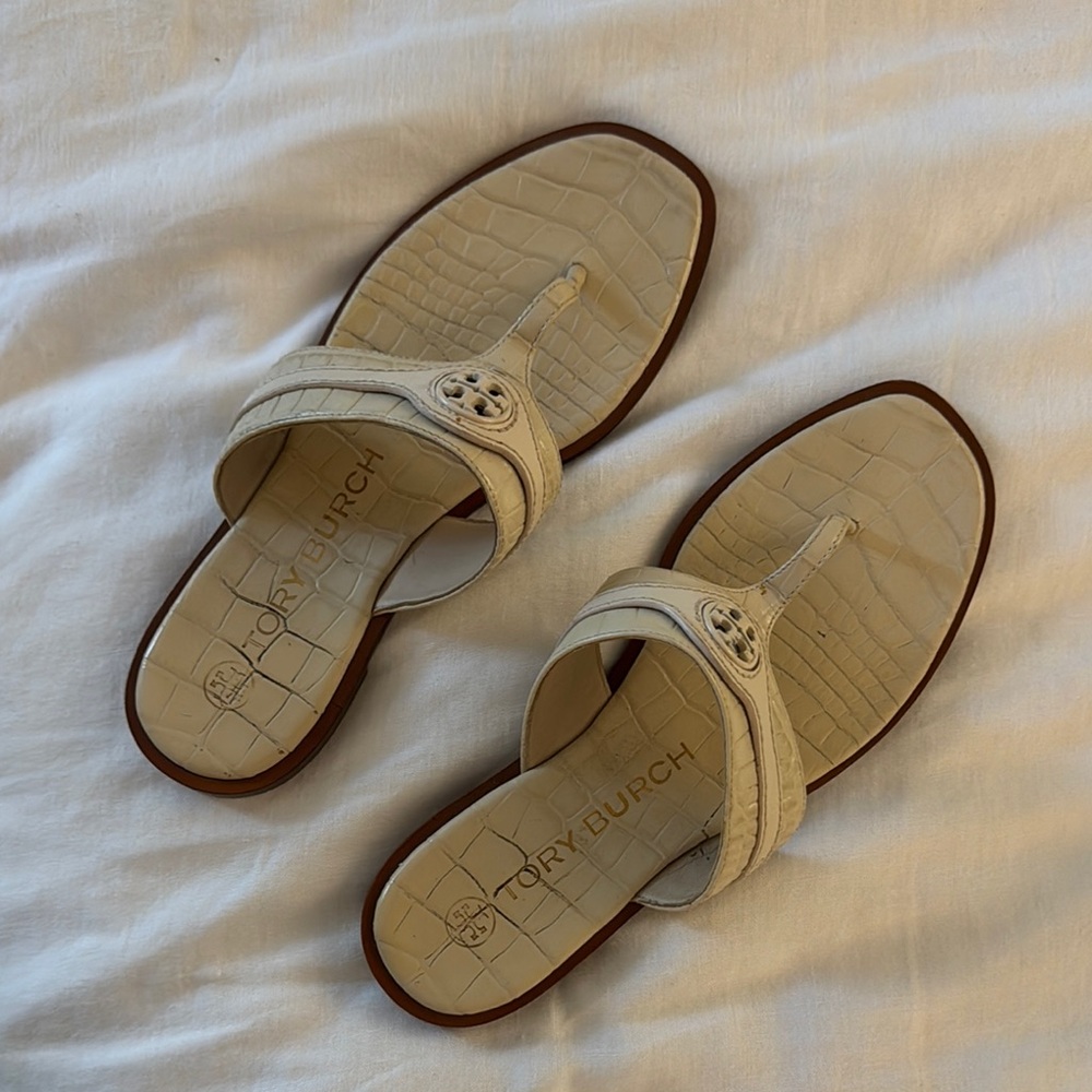 Tory Burch Beige Croc-Embossed Sandals